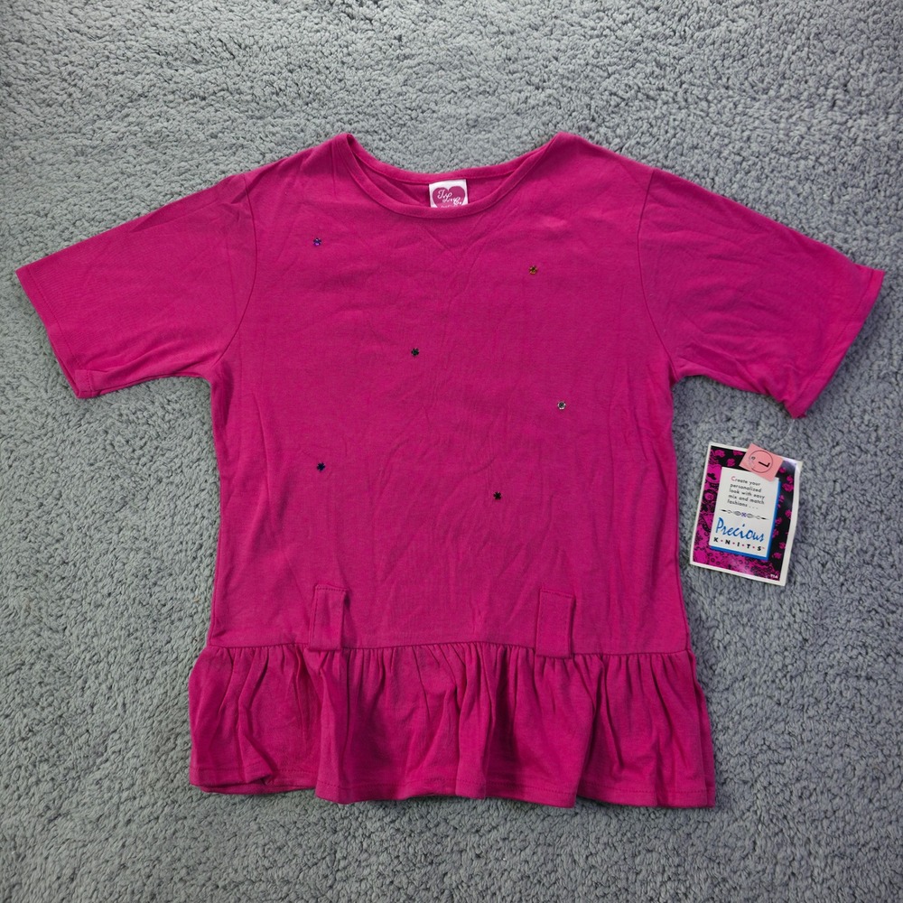 TLC for Girls Pink Peplum Rhinestone Short Sleeve Top Vintage Size L Made in USA